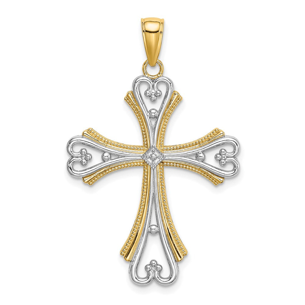 Million Charms 14K Yellow Gold Themed With Rhodium-Plated Beaded Heart Relgious Cross Charm
