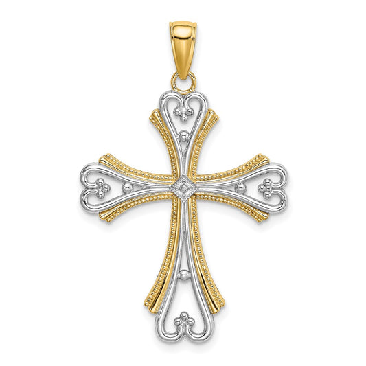 Million Charms 14K Yellow Gold Themed With Rhodium-Plated Beaded Heart Relgious Cross Charm