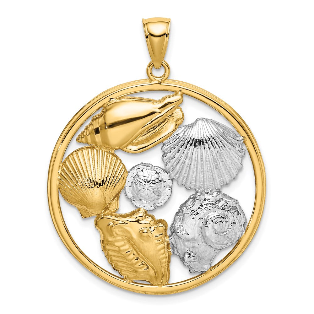 Million Charms 14K Yellow Gold Themed With Rhodium-Plated Shell Cluster In Round Frame Charm