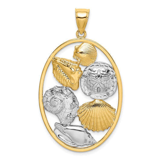 Million Charms 14K Yellow Gold Themed With Rhodium-Plated Shell Cluster In Oval Frame Charm