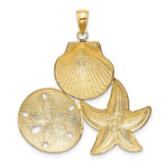 Million Charms 14K Yellow Gold Themed With Rhodium-Plated Scallop, Nautical Starfish & Sand Dollar Cluster Charm