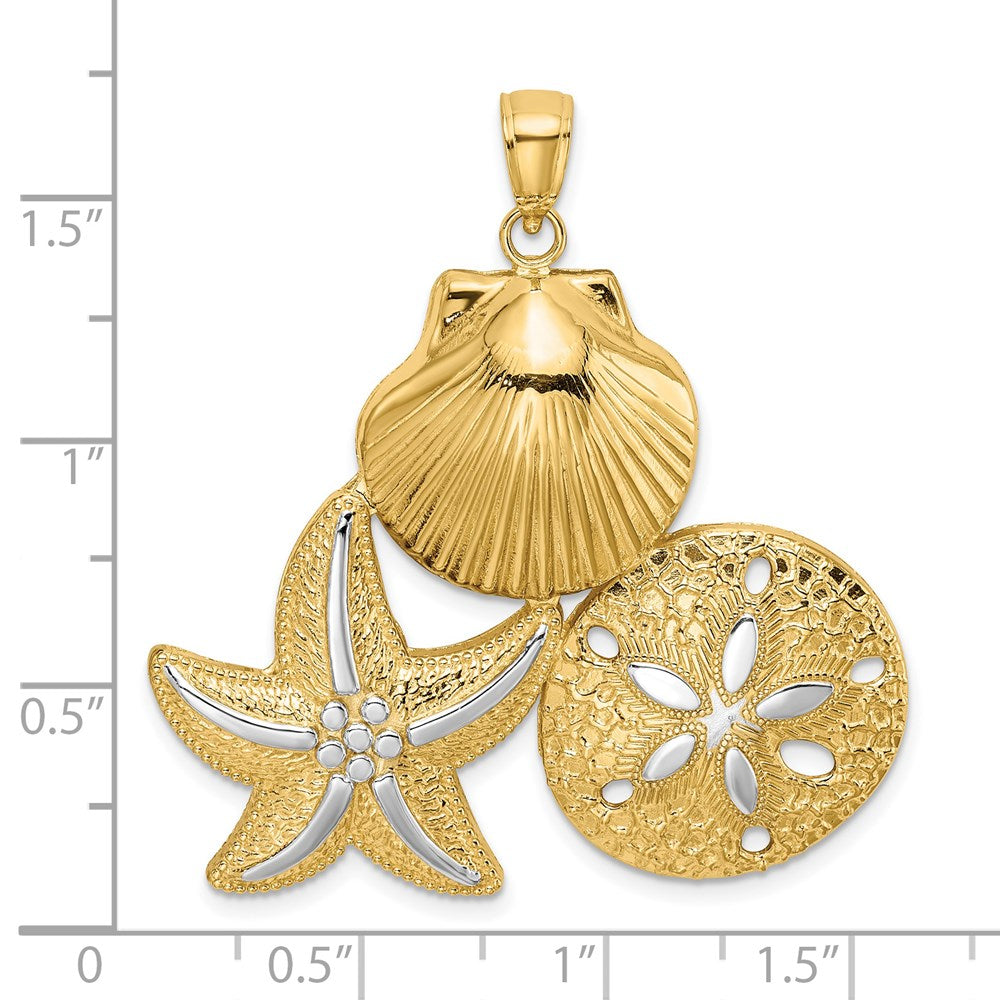 Million Charms 14K Yellow Gold Themed With Rhodium-Plated Scallop, Nautical Starfish & Sand Dollar Cluster Charm
