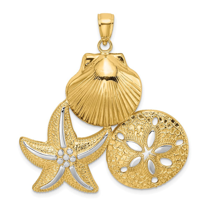 Million Charms 14K Yellow Gold Themed With Rhodium-Plated Scallop, Nautical Starfish & Sand Dollar Cluster Charm