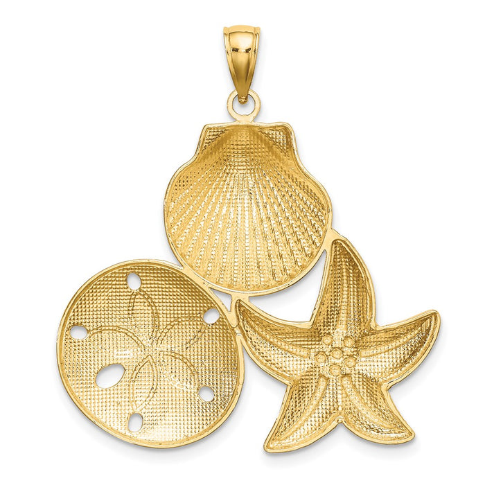 Million Charms 14K Yellow Gold Themed With Rhodium-Plated Diamond-Cut Scallop, Starfish, & Sand Dollar Cluster Charm