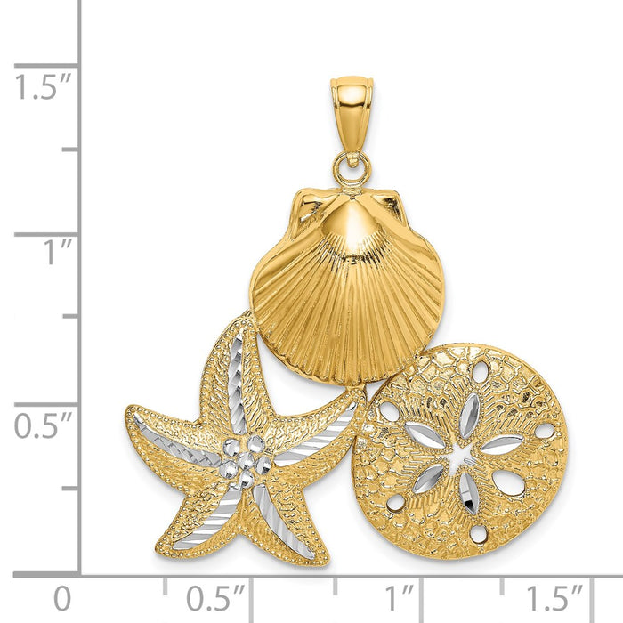 Million Charms 14K Yellow Gold Themed With Rhodium-Plated Diamond-Cut Scallop, Starfish, & Sand Dollar Cluster Charm