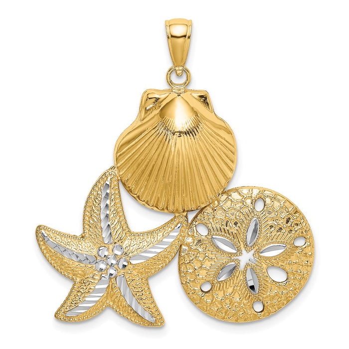 Million Charms 14K Yellow Gold Themed With Rhodium-Plated Diamond-Cut Scallop, Starfish, & Sand Dollar Cluster Charm