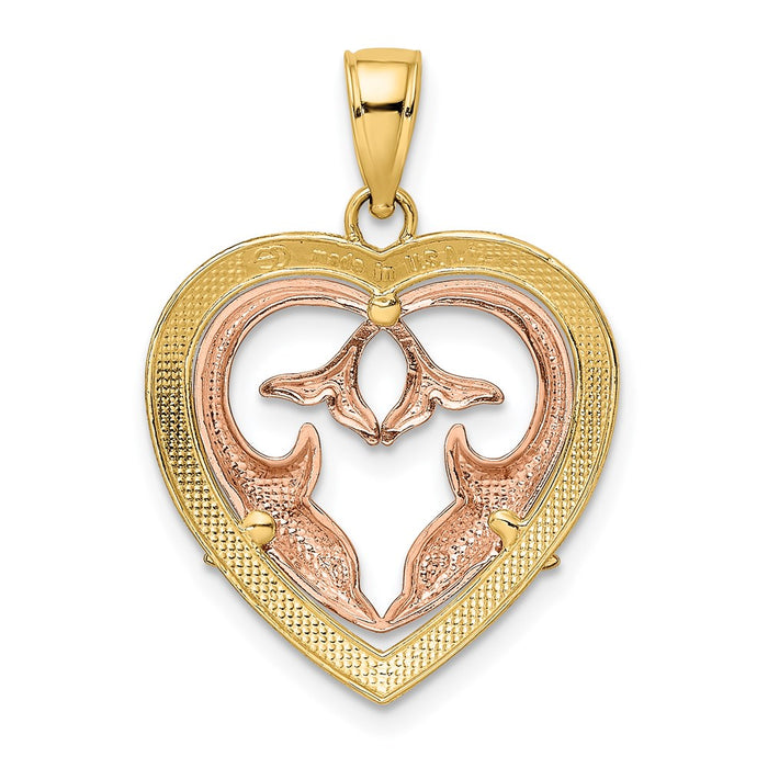 Million Charms 14K Two-Tone With White Rhodium-plated & Polished Dolphins In Heart Frame Charm