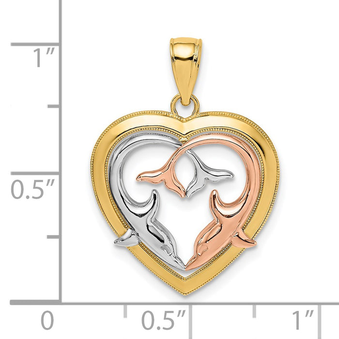 Million Charms 14K Two-Tone With White Rhodium-plated & Polished Dolphins In Heart Frame Charm