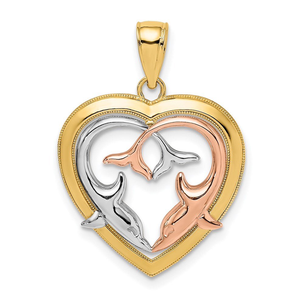 Million Charms 14K Two-Tone With White Rhodium-plated & Polished Dolphins In Heart Frame Charm