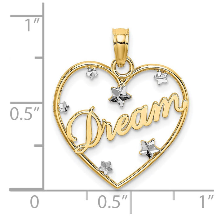 Million Charms 14K Yellow Gold Themed Dream In Heart Frame With Rhodium-plated Diamond-Cut Star Accents Charm