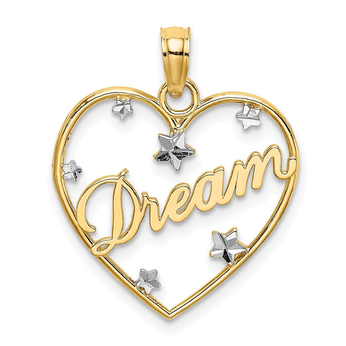 Million Charms 14K Yellow Gold Themed Dream In Heart Frame With Rhodium-plated Diamond-Cut Star Accents Charm