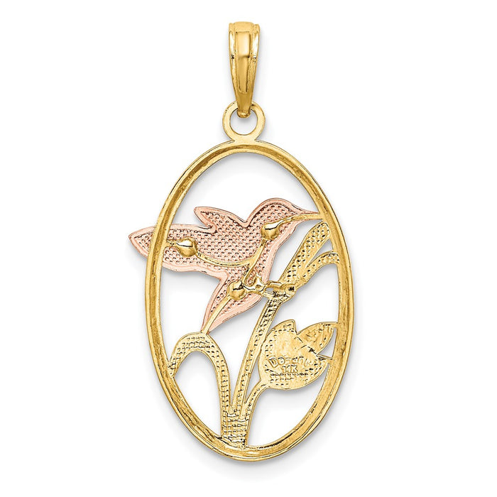 Million Charms 14K Tri-Color Hummingbird & Flowers In Oval Frame Charm