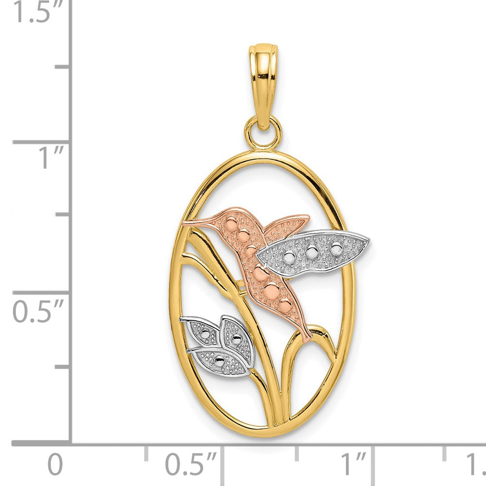 Million Charms 14K Tri-Color Hummingbird & Flowers In Oval Frame Charm