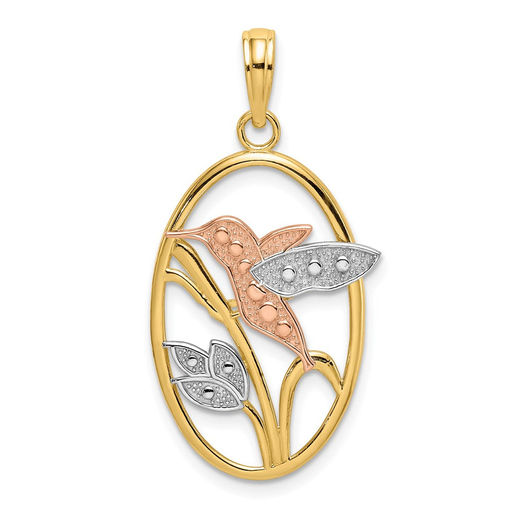 Million Charms 14K Tri-Color Hummingbird & Flowers In Oval Frame Charm