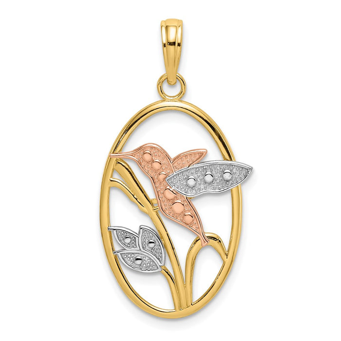 Million Charms 14K Tri-Color Hummingbird & Flowers In Oval Frame Charm