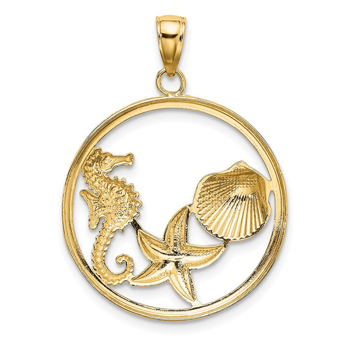 Million Charms 14K Yellow Gold Themed With Rhodium-Plated Scallop, Nautical Starfish & Nautical Seahorse In Round Frame Charm
