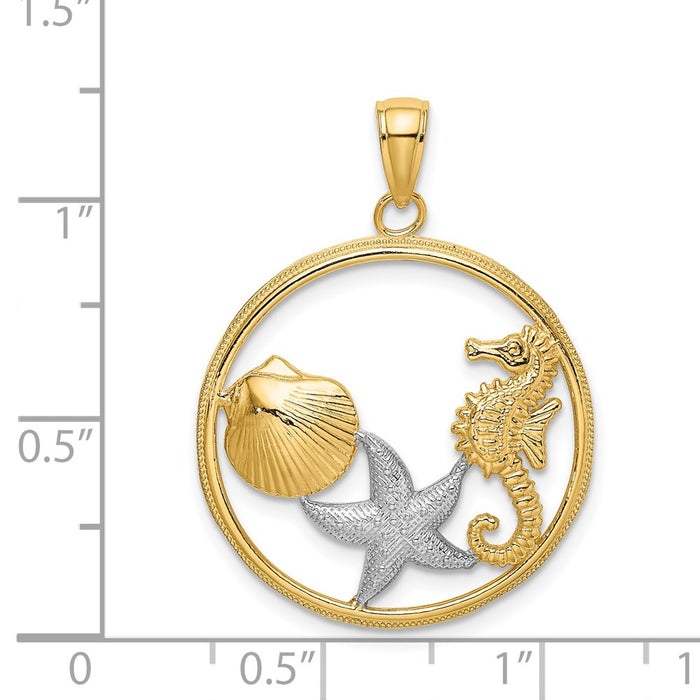 Million Charms 14K Yellow Gold Themed With Rhodium-Plated Scallop, Nautical Starfish & Nautical Seahorse In Round Frame Charm