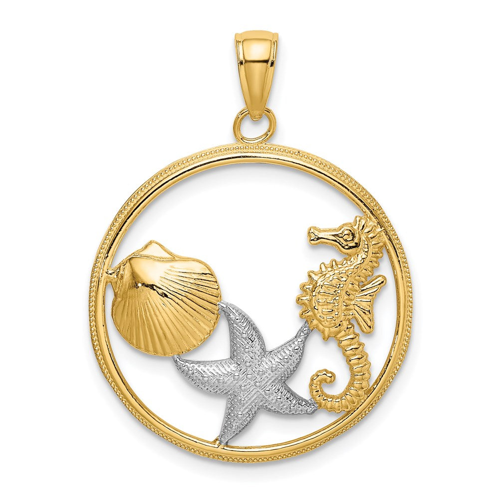 Million Charms 14K Yellow Gold Themed With Rhodium-Plated Scallop, Nautical Starfish & Nautical Seahorse In Round Frame Charm