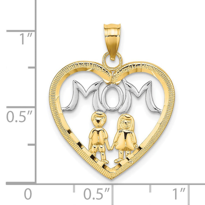 Million Charms 14K Yellow Gold Themed With Rhodium-Plated Heart With 2 Kids Mom Charm