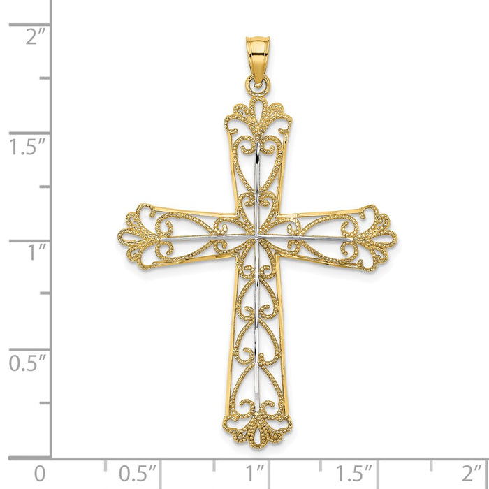 Million Charms 14K Yellow Gold Themed With Rhodium-Plated & Diamond-Cut, Beaded Hearts Relgious Cross Charm