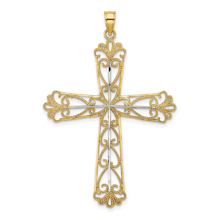 Million Charms 14K Yellow Gold Themed With Rhodium-Plated & Diamond-Cut, Beaded Hearts Relgious Cross Charm