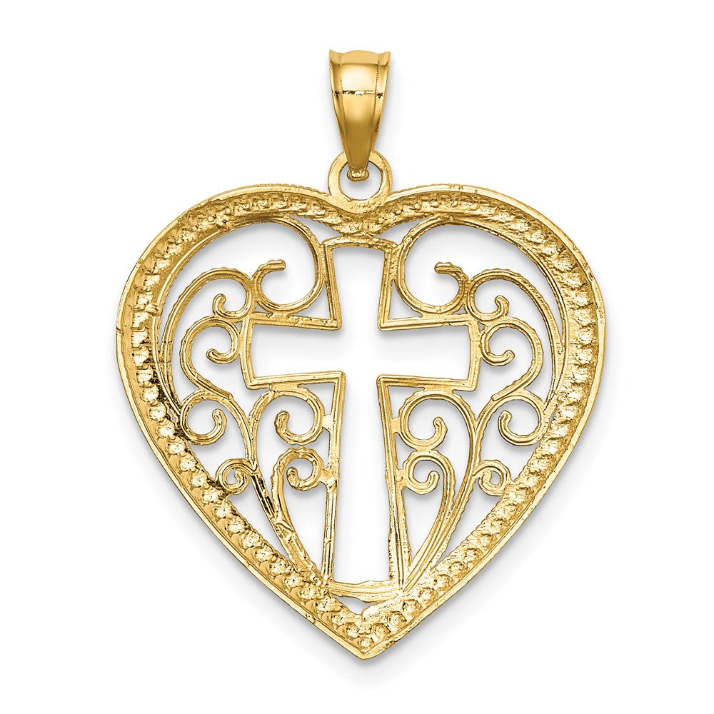 Million Charms 14K Yellow Gold Themed With Rhodium-Plated Cut-Out & Beaded Filigree Heart With Relgious Cross Charm