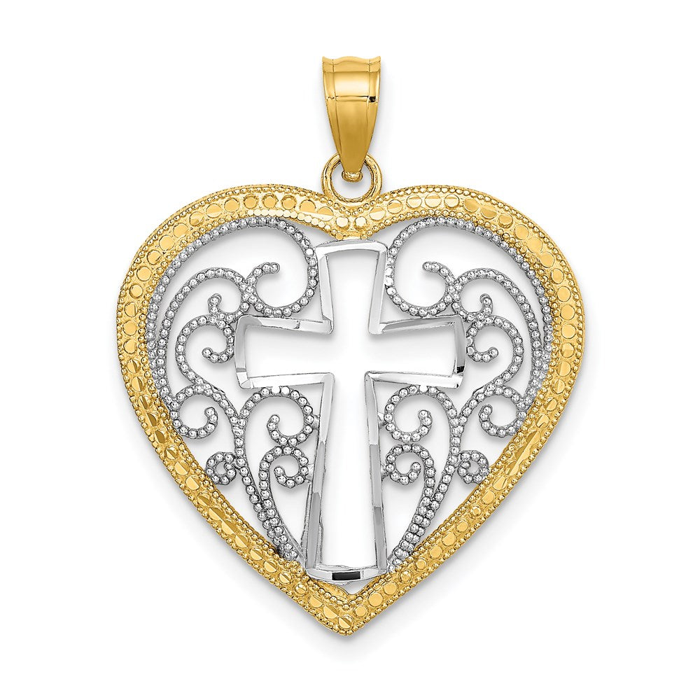 Million Charms 14K Yellow Gold Themed With Rhodium-Plated Cut-Out & Beaded Filigree Heart With Relgious Cross Charm