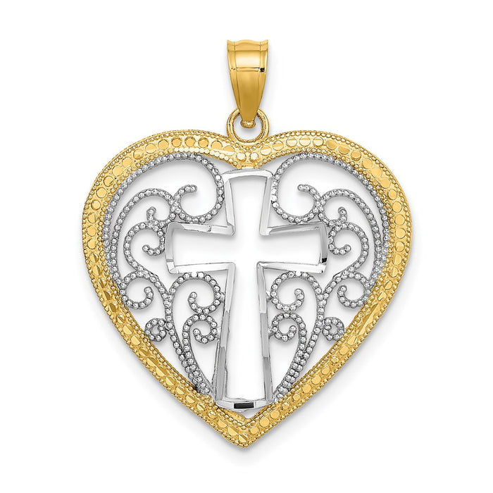Million Charms 14K Yellow Gold Themed With Rhodium-Plated Cut-Out & Beaded Filigree Heart With Relgious Cross Charm