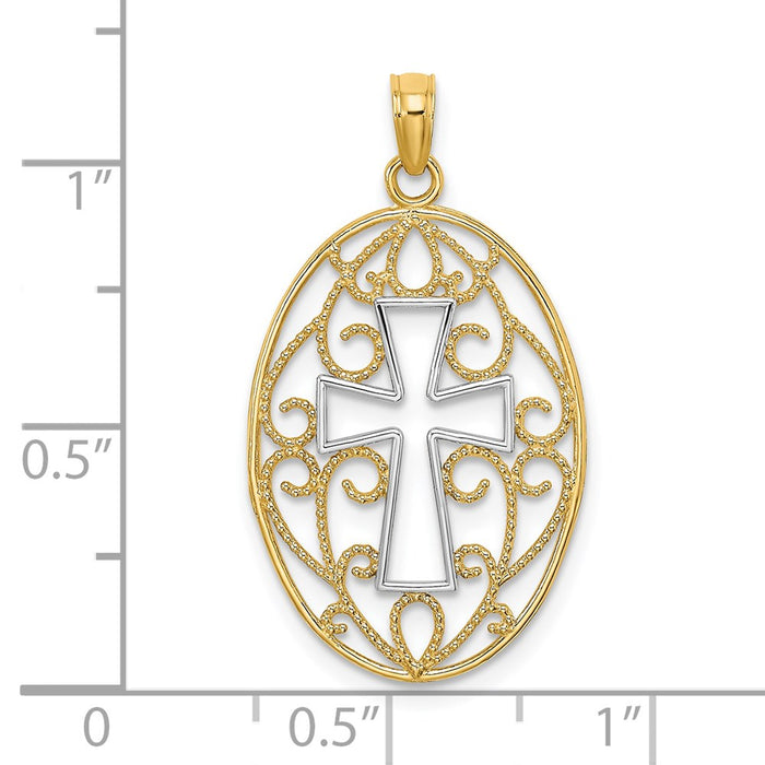 Million Charms 14K Yellow Gold Themed With Rhodium-Plated Beaded Filigree Relgious Cross Charm