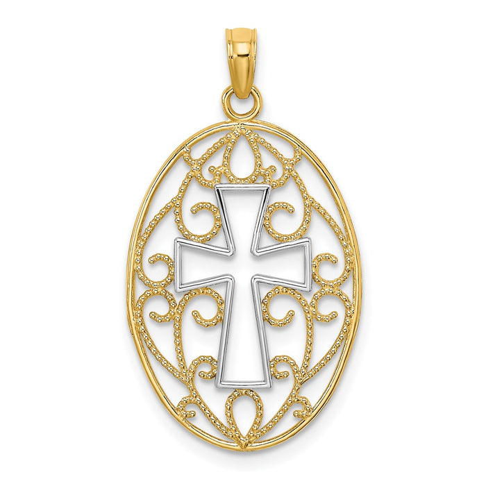 Million Charms 14K Yellow Gold Themed With Rhodium-Plated Beaded Filigree Relgious Cross Charm