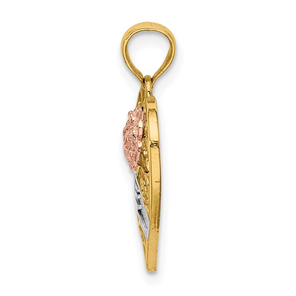 Million Charms 14K Tri-Color Love Banner On Filigree Heart Charm