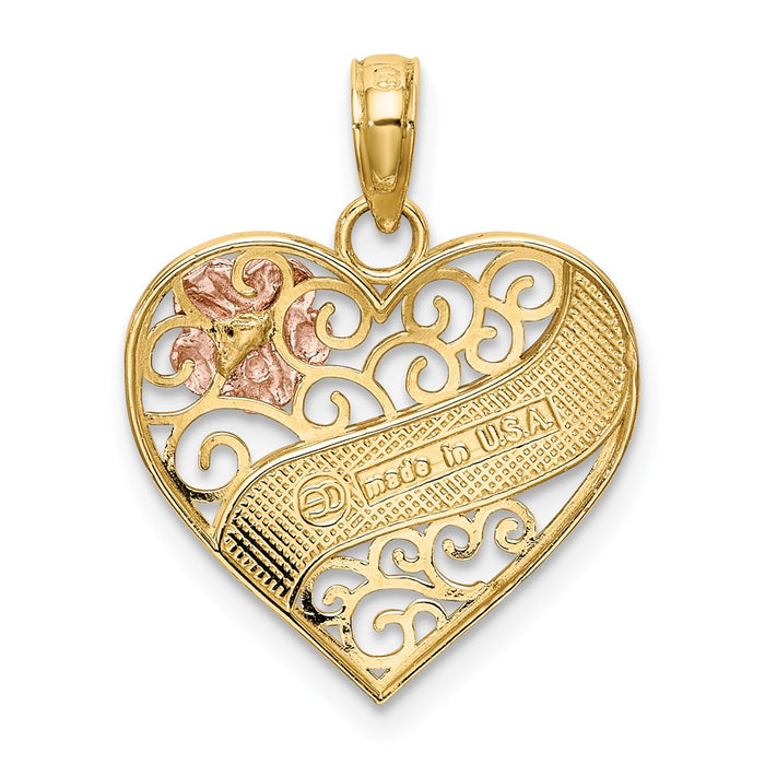 Million Charms 14K Tri-Color Love Banner On Filigree Heart Charm