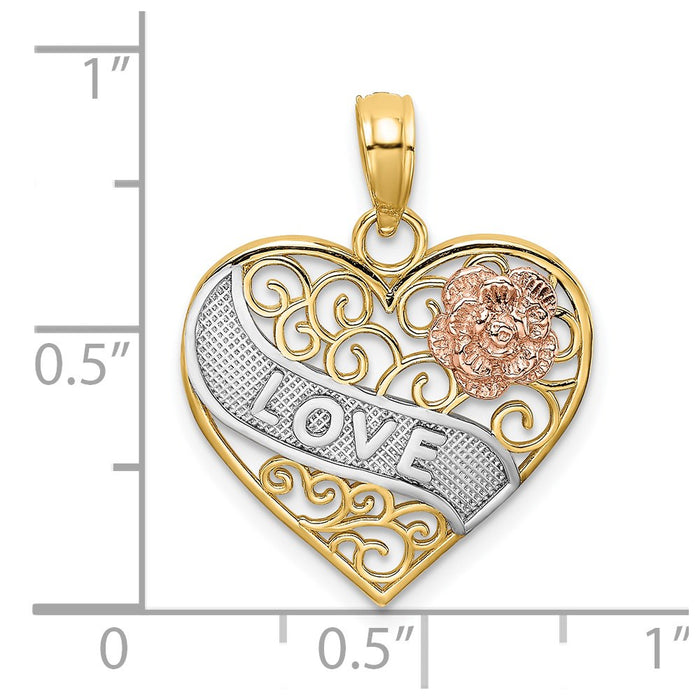 Million Charms 14K Tri-Color Love Banner On Filigree Heart Charm