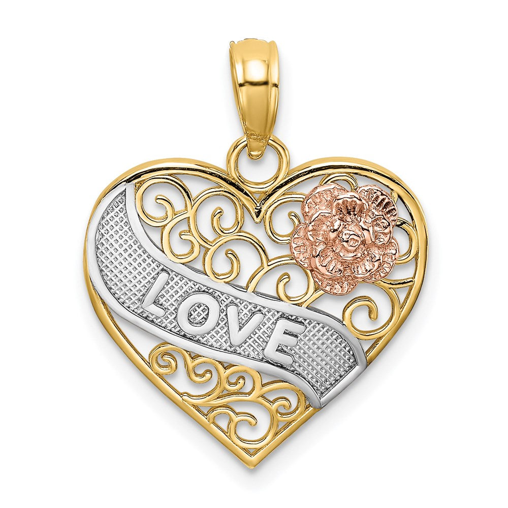 Million Charms 14K Tri-Color Love Banner On Filigree Heart Charm