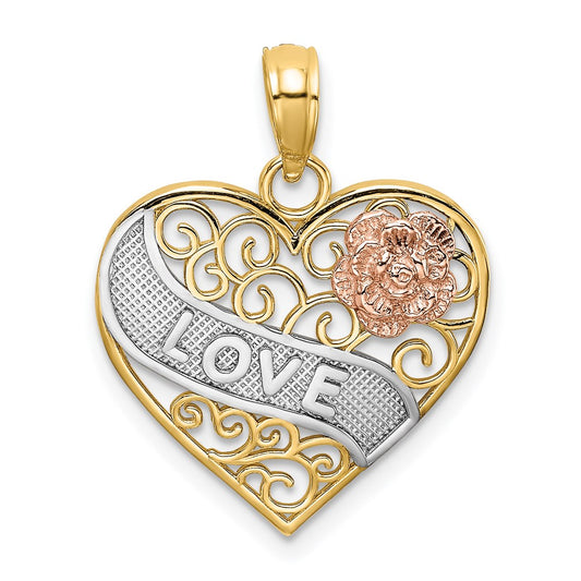 Million Charms 14K Tri-Color Love Banner On Filigree Heart Charm