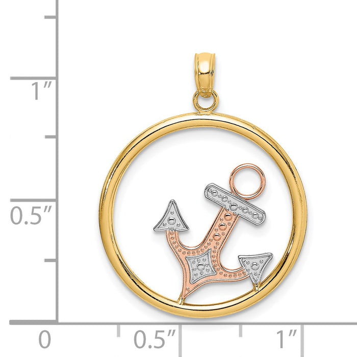 Million Charms 14K Tri-Color Nautical Anchor In Round Frame Charm