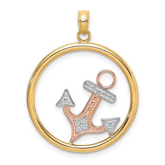 Million Charms 14K Tri-Color Nautical Anchor In Round Frame Charm