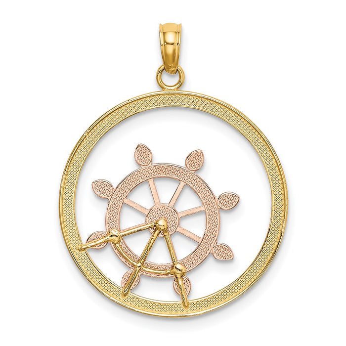 Million Charms 14K Rose & Yellow Gold Themed With White Rhod Beaded Ship Wheel In Round Frame Charm