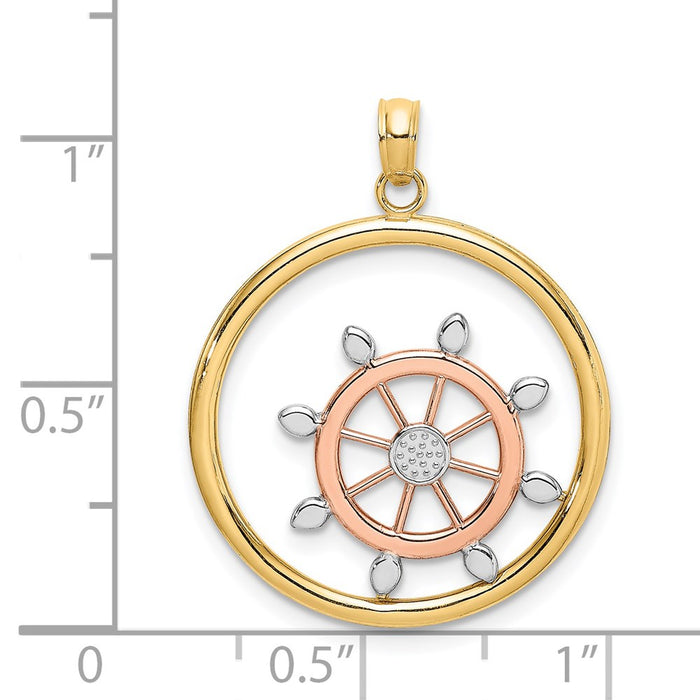 Million Charms 14K Rose & Yellow Gold Themed With White Rhod Beaded Ship Wheel In Round Frame Charm