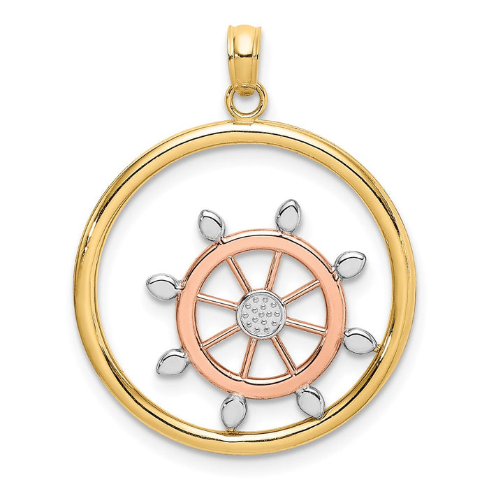 Million Charms 14K Rose & Yellow Gold Themed With White Rhod Beaded Ship Wheel In Round Frame Charm