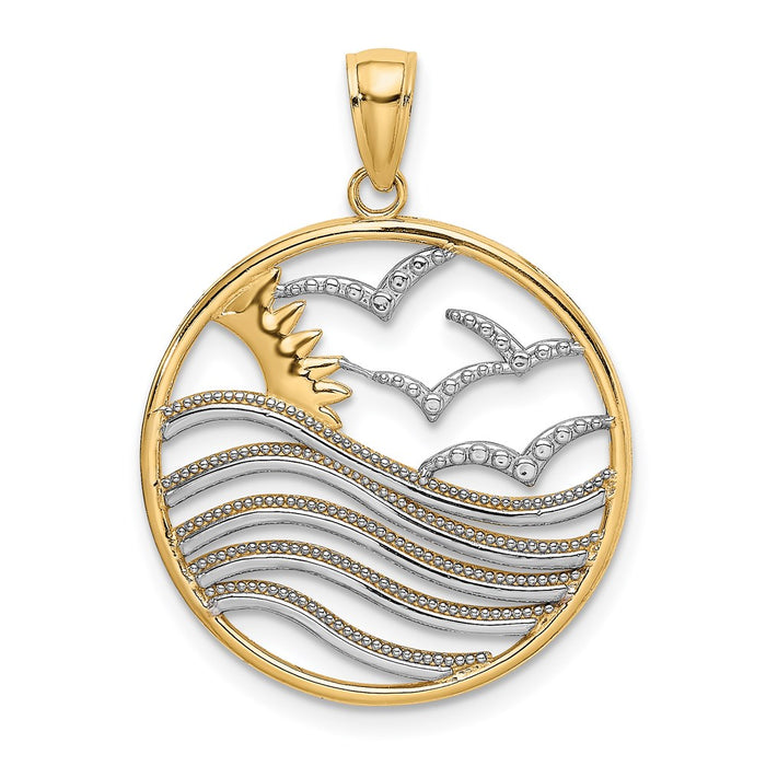 Million Charms 14K Yellow Gold Themed With Rhodium-Plated Sunset, Water & Seagulls In Found Frame Charm