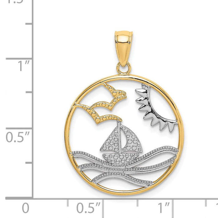 Million Charms 14K Yellow Gold Themed With Rhodium-Plated Sun, Sailboat, Water & Seagulls In Round Frame Charm