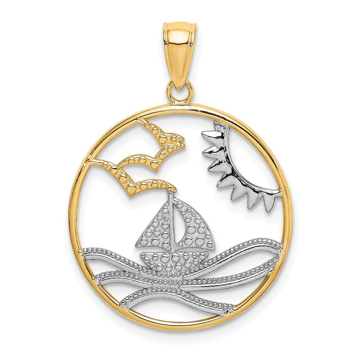 Million Charms 14K Yellow Gold Themed With Rhodium-Plated Sun, Sailboat, Water & Seagulls In Round Frame Charm