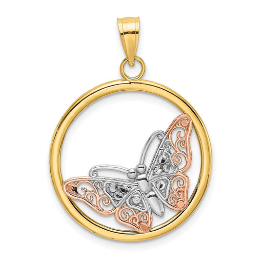Million Charms 14K Tri-Color Butterfly In Round Frame Charm
