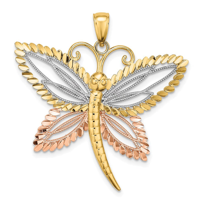 Million Charms 14K Tri-Color Dragonfly With Beaded Diamond-Cut Wings Charm
