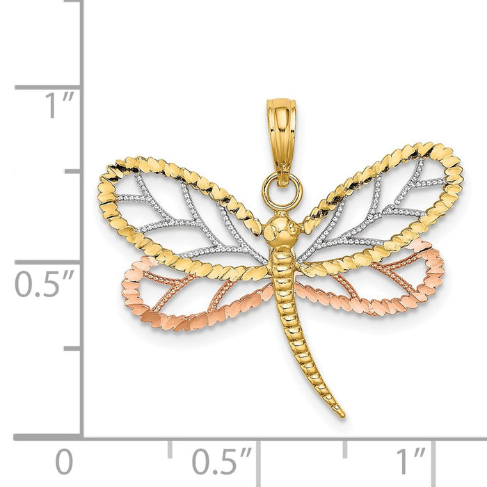 Million Charms 14K Tri-Color Dragonfly With Beaded Diamond-Cut Wings Charm