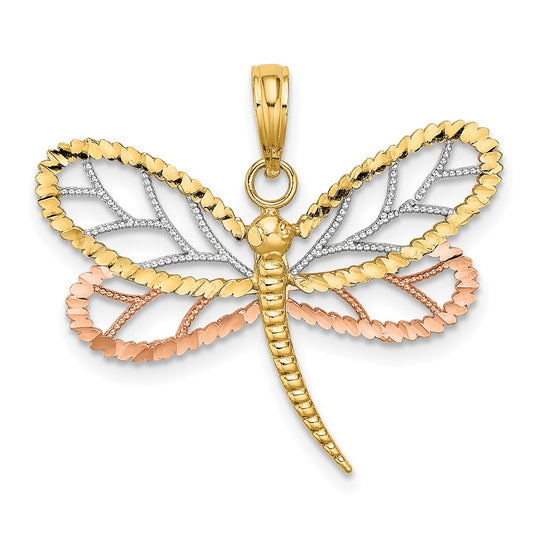 Million Charms 14K Tri-Color Dragonfly With Beaded Diamond-Cut Wings Charm