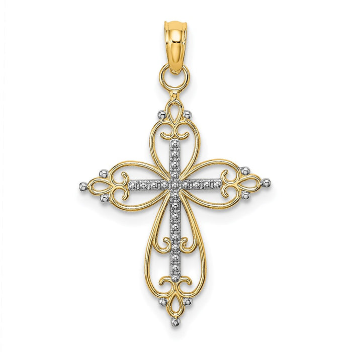 Million Charms 14K Yellow Gold Themed With Rhodium-Plated Beaded Relgious Cross Charm