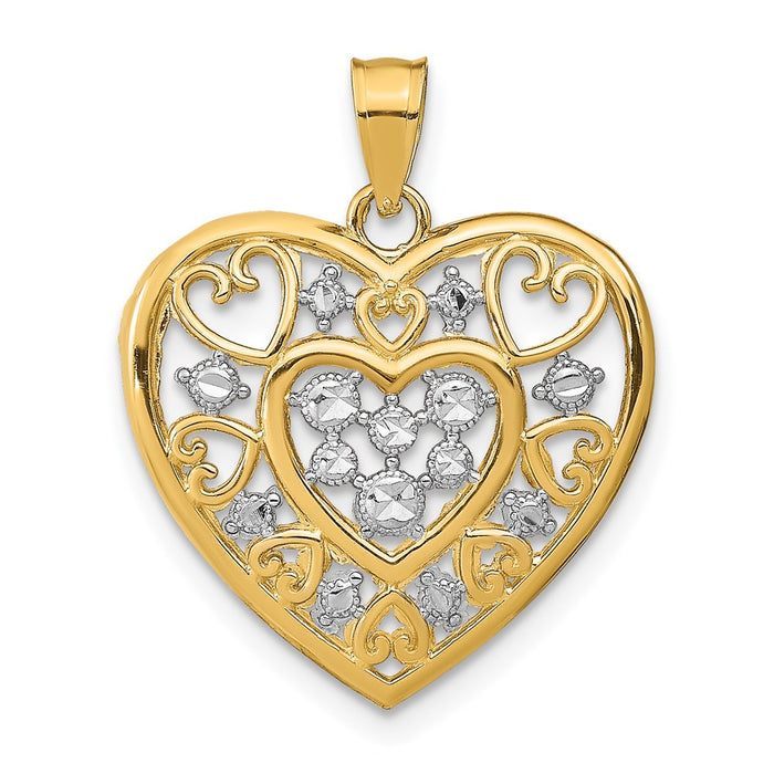 Million Charms 14K Yellow Gold Themed With Rhodium-Plated Cut-Out Filigree Heart Charm