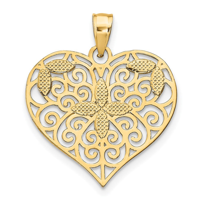 Million Charms 14K Yellow Gold Themed With Rhodium-Plated Cut-Out Filigree Flower & Heart Charm